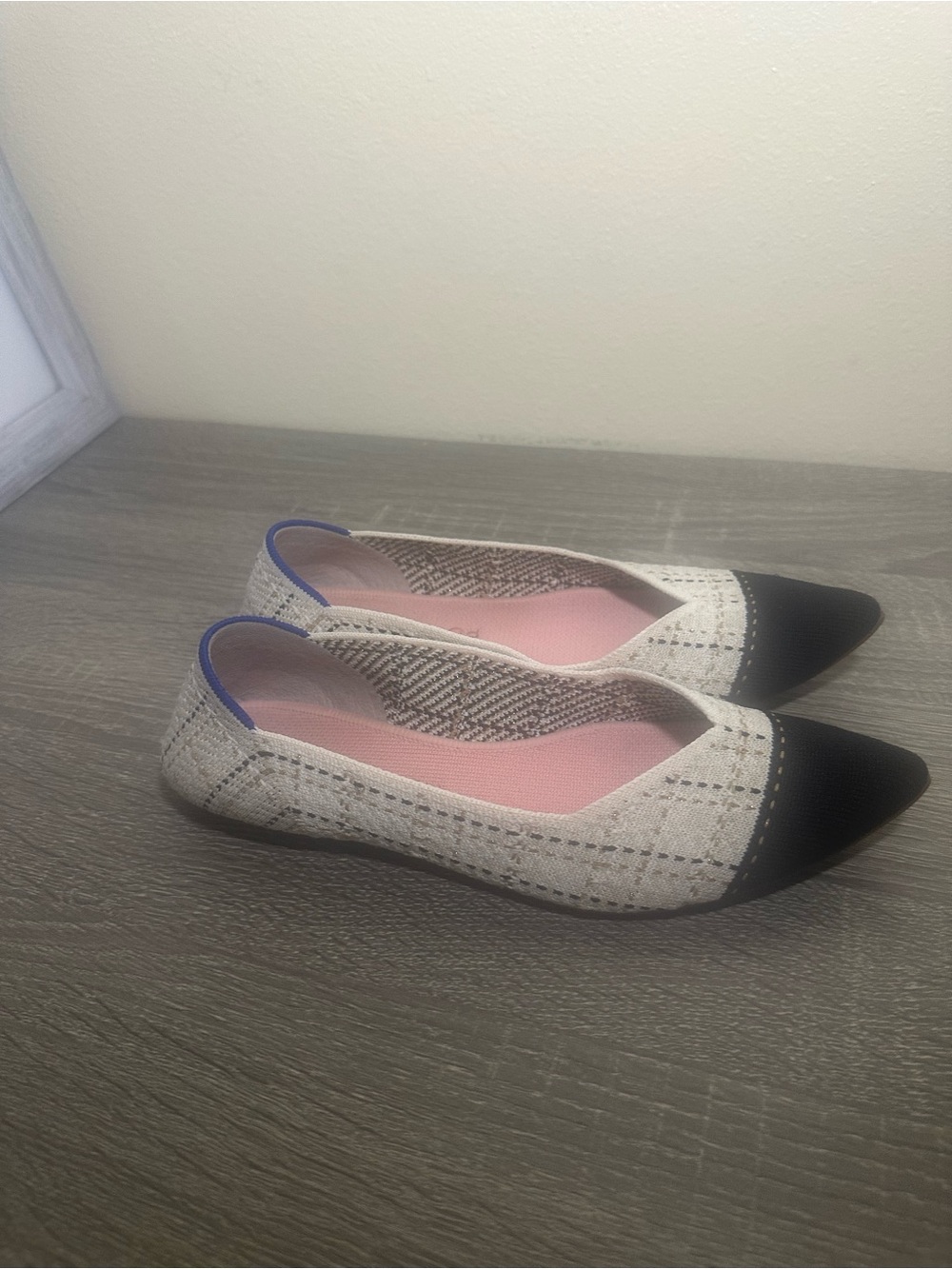 Rothy's Pointed Two-Tone Flats in Cream, Black, Pink & Blue Trim, size 9